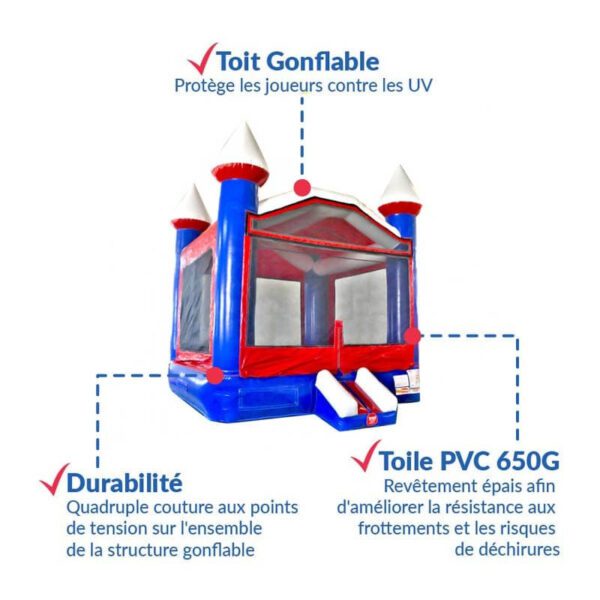 Une image d'un CHÂTEAU GONFLABLE BLEU BLANC ROUGE en bleu et rouge avec des tourelles blanches. Les labels en français mettent en avant les caractéristiques : « Toit Gonflable », « Durabilité » et « Toile PVC 650G » (tissu PVC 650G). Les lignes pointillées pointent vers les pièces correspondantes.
