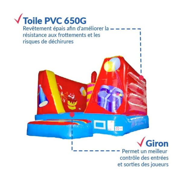Une maison gonflable colorée comportant des sections rouges, bleues et jaunes. Le texte dans l'image mentionne « Toile PVC 650G » indiquant un matériau épais pour une meilleure durabilité, et « Giron » pour un meilleur contrôle d'entrée appelé GROS CHÂTEAU CUBE ANNIVERSAIRE.